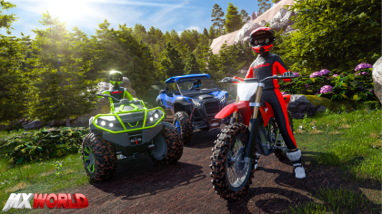 MX WORLD dirt bike, ATV, and UTV parked together on a dirt path